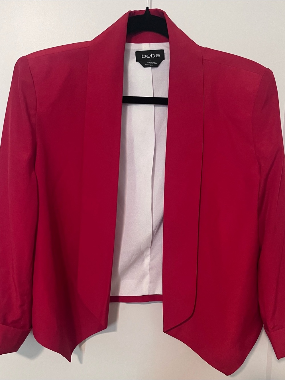 Bebe Red Drape Shawl Collar Open Front Cropped Blazer jacket